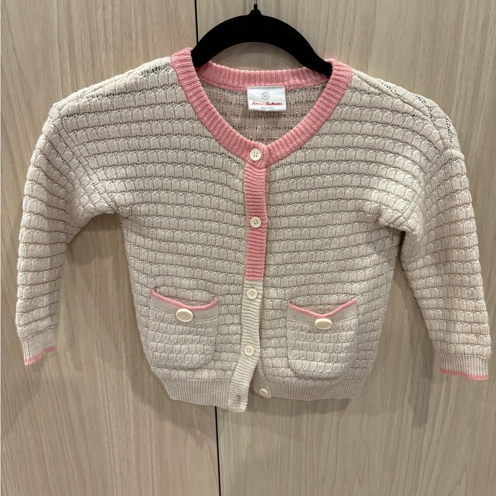 Hanna Andersson Cream Knit Cardigan with Pink Trim in 3T